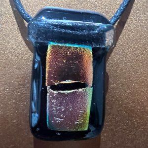 EUC Fused glass, black, bronze and silver fashion necklace on cord chain.